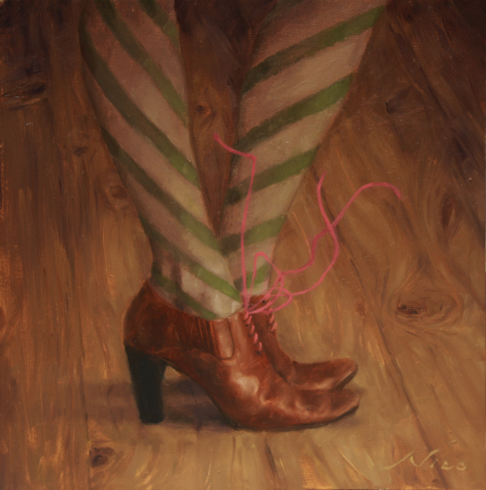 Surreal Magic Realism Oil Painting of A Woman's Shoes with Floating Shoelaces by Artist Nico