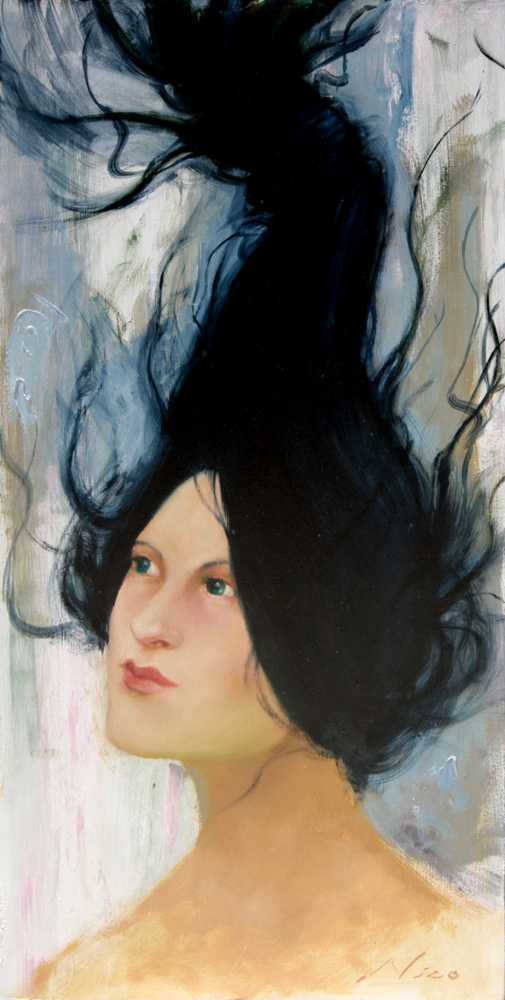 Surreal Magic Realism Oil Painting of A Curious Woman with Floating Hair by Artist Nico