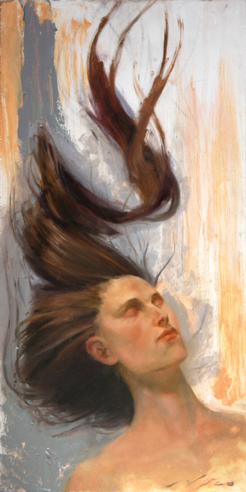 Surreal Magic Realism Oil Painting of A Relaxed Woman with Floating Hair by Artist Nico