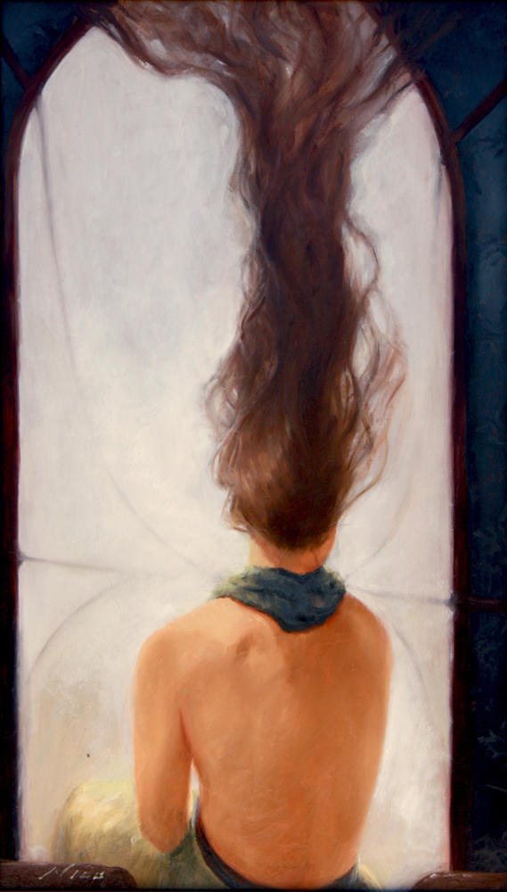 Surreal Magic Realism Oil Painting of A Woman Looking Out Her Window by Artist Nico