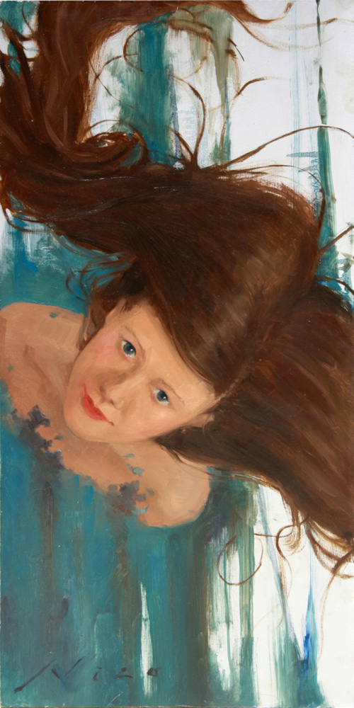 Surreal Magic Realism Oil Painting of A Woman Looking Up with floating Hair by Artist Nico