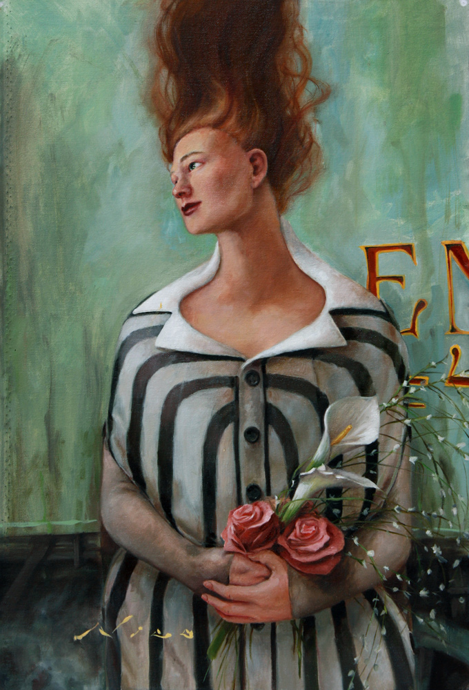 Surreal Magic Realism Oil Painting of Woman with Flowers Waiting at Train Station by Artist Nico
