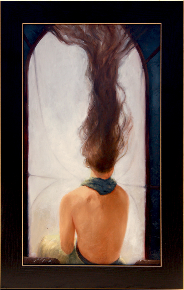 Surreal, Magic Realism Oil Painting of a Woman Sitting Looking out her Window by Artist Nico