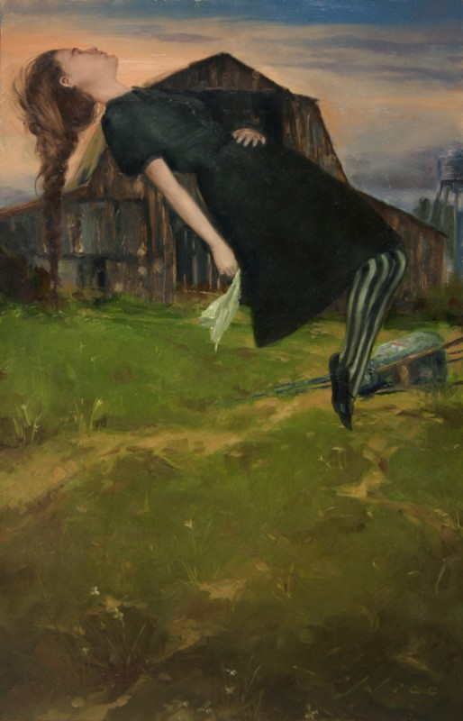 Surreal Oil Painting of a Floating Girl in a Rural Farm Setting by Artist Nico