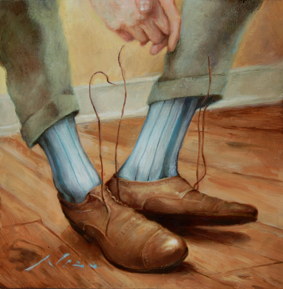 Surreal Oil Painting of a Mans Shoes with Floating Shoelaces by Artist Nico