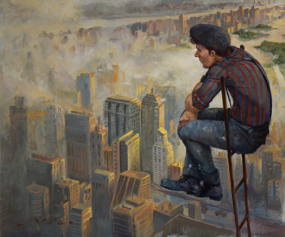 Man sitting on ladder overlooking the city, surrealist magic realism oil painting by Nico Fine Art