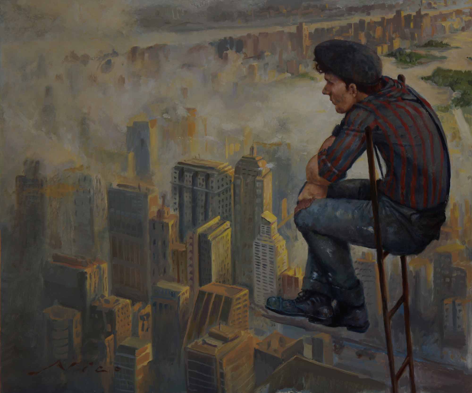 Man sitting on ladder above new york sky scrapers high up looking out, escape - Surreal Magic Realism Artwork by Fine Artist Nico